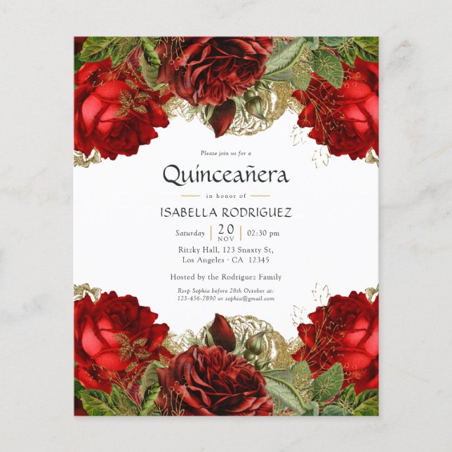 Burgundy Red and Gold Vintage Rose Quinceañera Flyer (Vorne)
