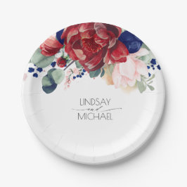 Burgundy Red and Navy Blue Floral Elegante Hochzei Pappteller