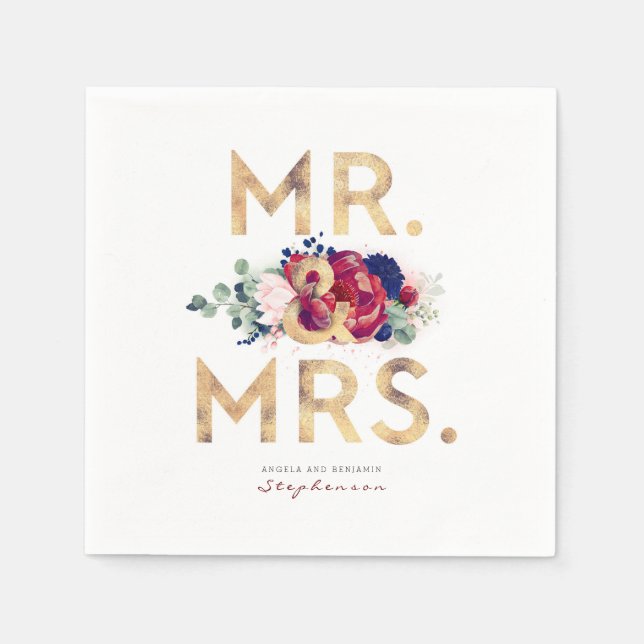 Burgundy Red and Navy Blue Watercolor Blume Serviette (Vorderseite)