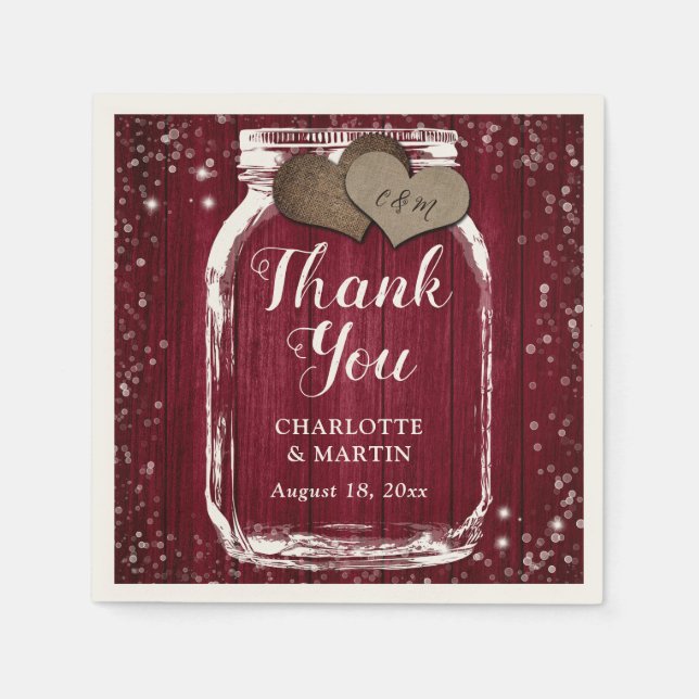Burgundy Red Barn Wood Mason Jar Danke Hochzeit Serviette (Vorderseite)