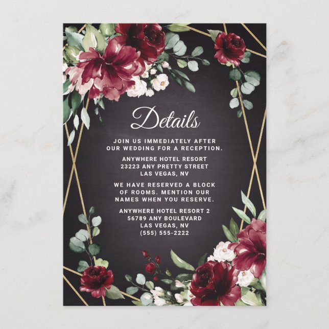 Burgundy Red Black and Gold Floral Elegante Hochze Begleitkarte (Vorderseite)