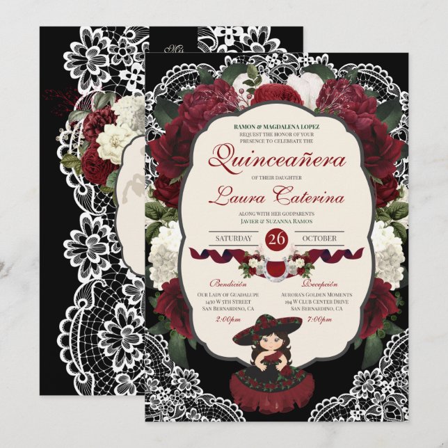 Burgundy Red Black Floral Elegantes Ambiente Einladung (Vorne/Hinten)