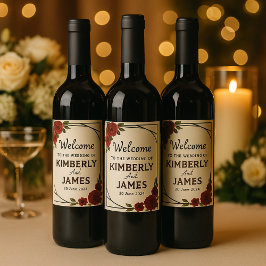 Burgundy Red & Black Geometric Wedding Modern Weinetikett