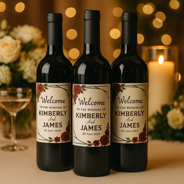 Burgundy Red & Black Geometric Wedding Modern  Weinetikett (Von Creator hochgeladen)