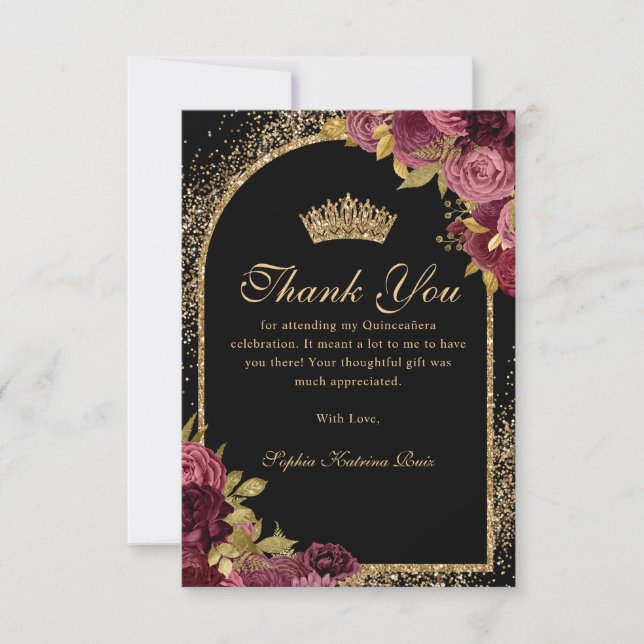 Burgundy Red Black Gold Glitzer Floral Quinceanera Dankeskarte (Vorderseite)