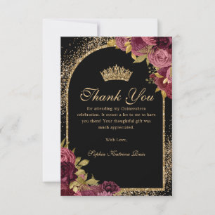 Burgundy Red Black Gold Glitzer Floral Quinceanera Dankeskarte
