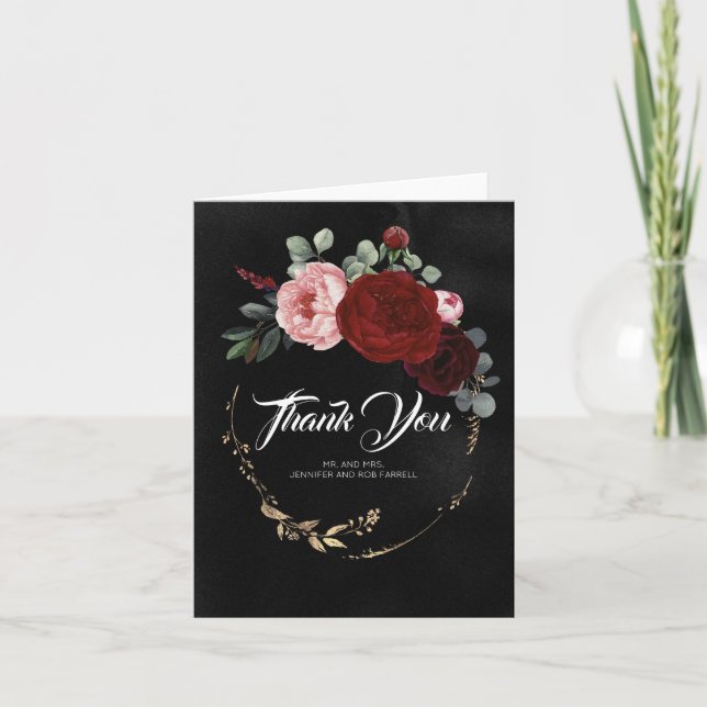 Burgundy Red Blume Black Wedding Vielen Dank Dankeskarte (Vorderseite)