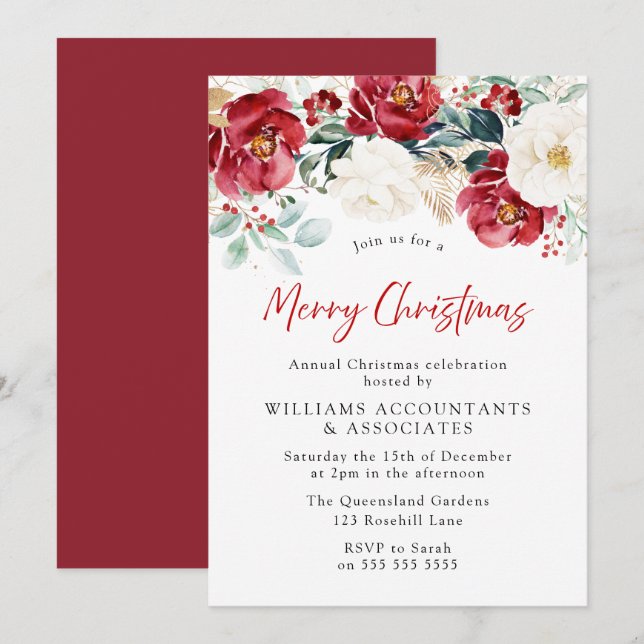 Burgundy Red Blume Company Weihnachts-Party Einladung (Vorne/Hinten)