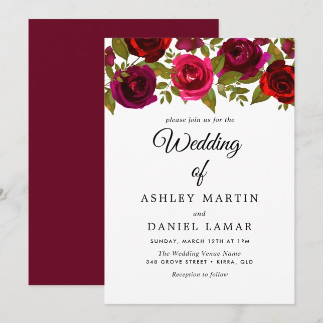 Burgundy Red Blume Elegante Einladung zur Hochzeit (Vorne/Hinten)