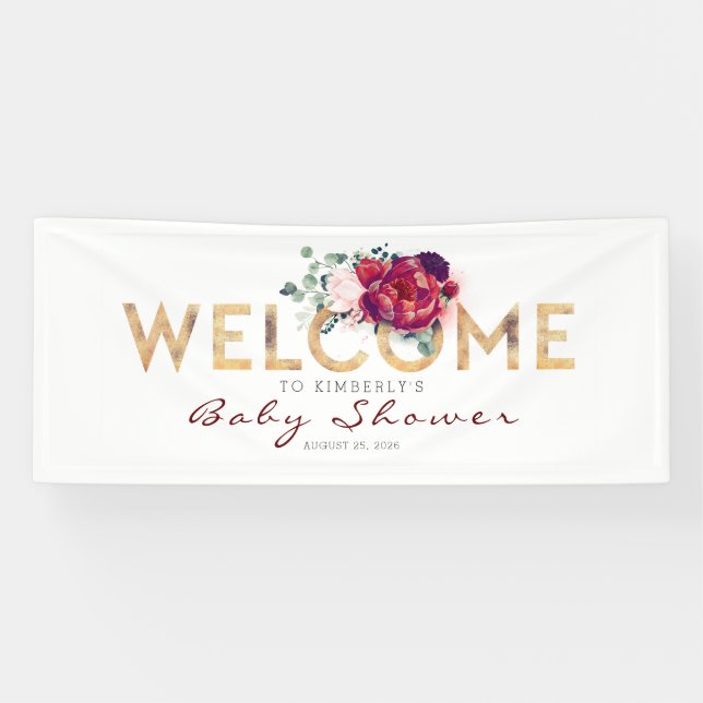 Burgundy Red Blume Gold Typografie Kinderdusche Banner (Horizontal)