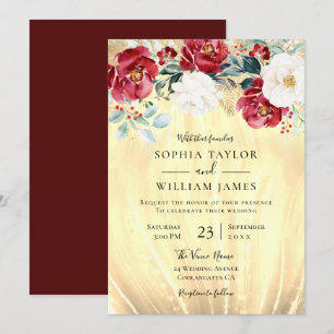 Burgundy Red Blume Golden Glitzer Hochzeit Einladung