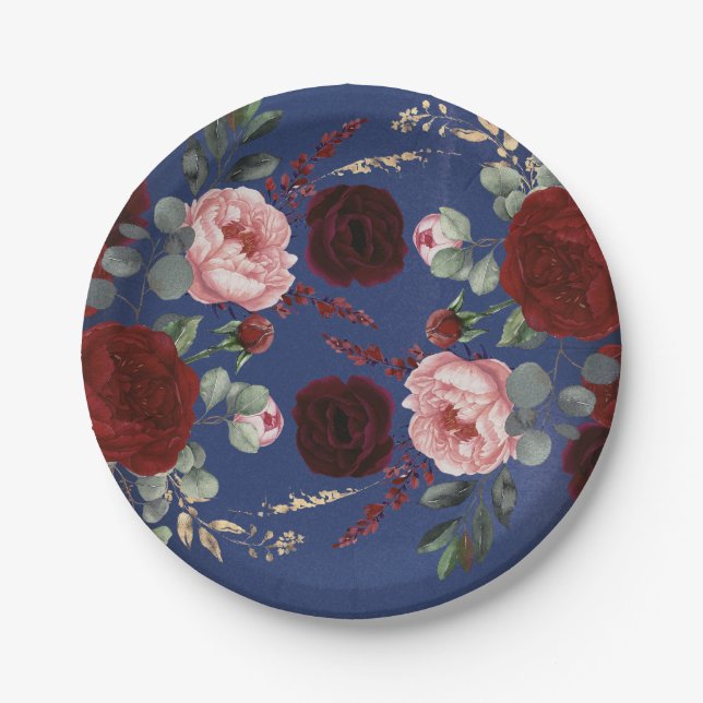 Burgundy Red Blume Navy Blue Modern Hochzeit im He Pappteller (Vorderseite)