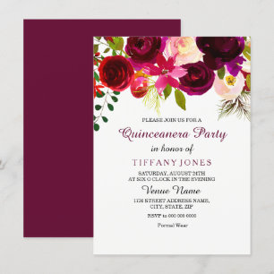Burgundy Red Blume Quinceanera Party Einladung
