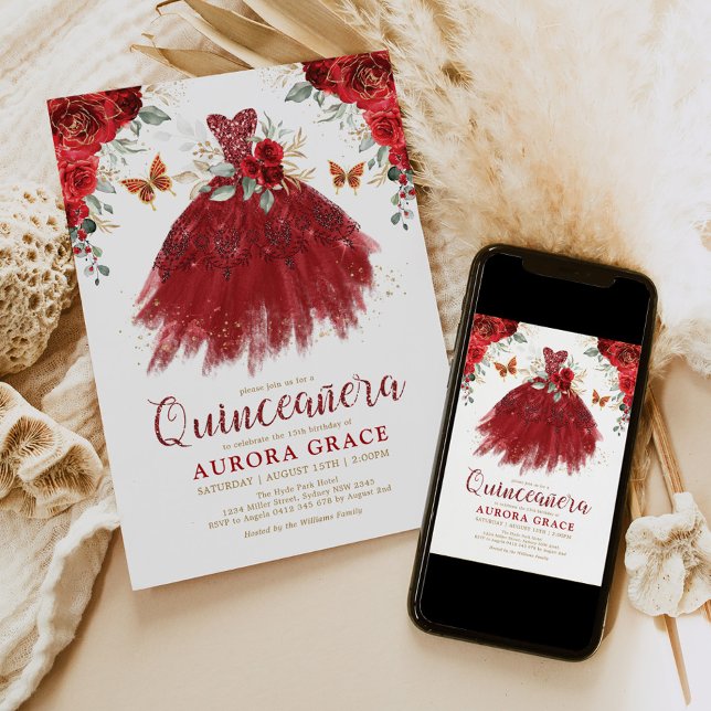 Burgundy Red Blume Quinceañera Princess Dress Einladung (Von Creator hochgeladen)