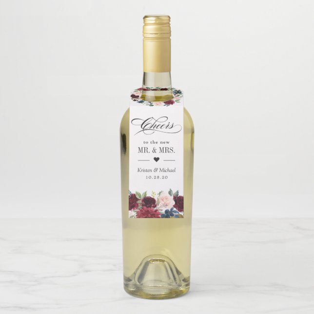 Burgundy Red Blush Bloral Blue Wedding Cheers Flaschenanhänger (Auf Flasche)