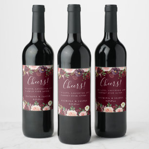 Burgundy Red Blush Bloral Frame Wedding Weinetikett
