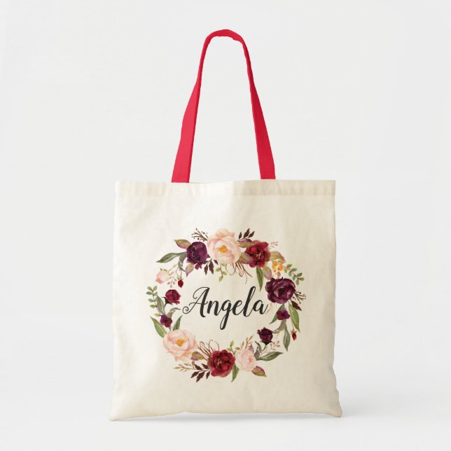 Burgundy Red Blush Bloral Wreath Bridesmaid Tragetasche (Vorne)