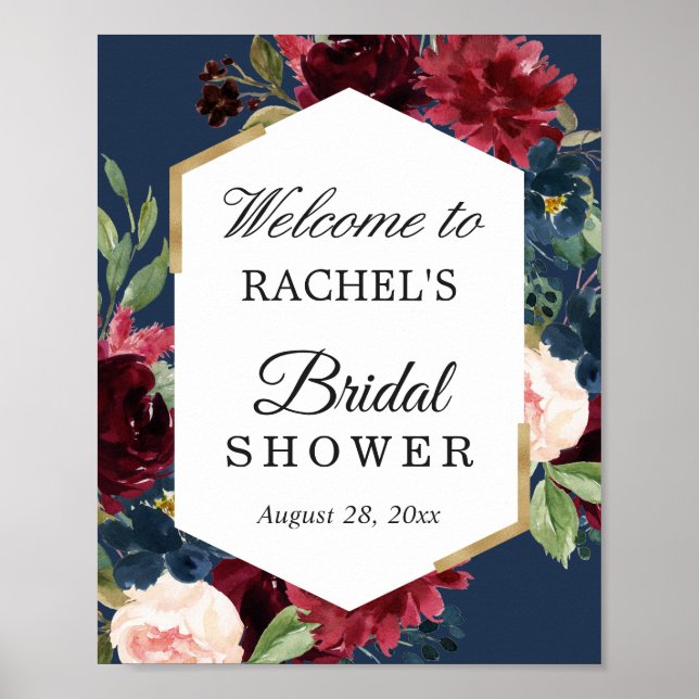 Burgundy Red Blush Blue Floral Brautparty Sign Poster (Vorne)