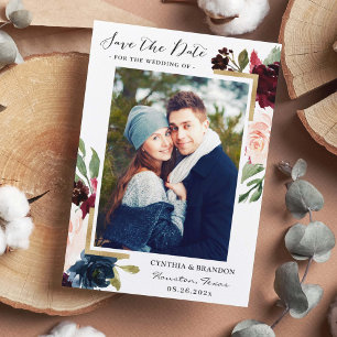 Burgundy Red Blush Blue Floral Gold Foto Save The Date