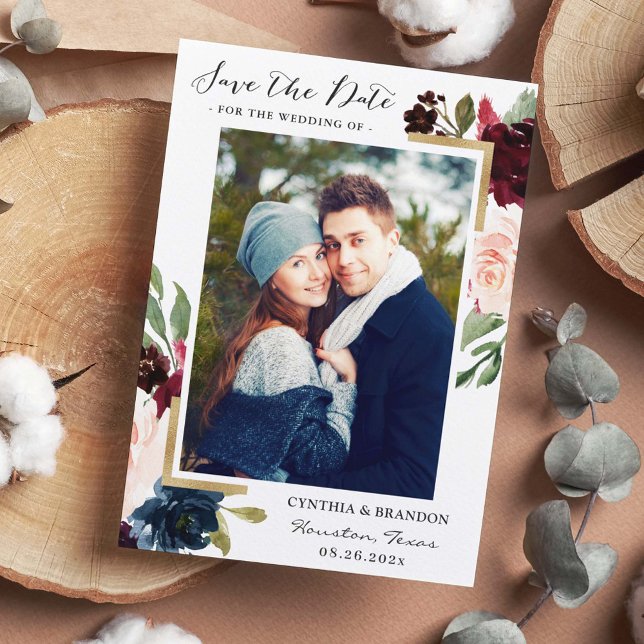 Burgundy Red Blush Blue Floral Gold Foto Save The Date (Von Creator hochgeladen)