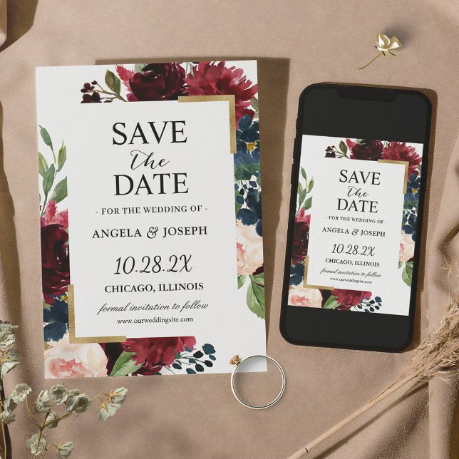 Burgundy Red Blush Blue Floral Modern Glam Wedding Save The Date (Von Creator hochgeladen)