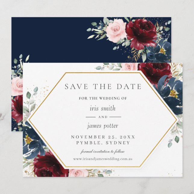 Burgundy Red Blush Blue Floral Wedding Save The Date (Vorne/Hinten)