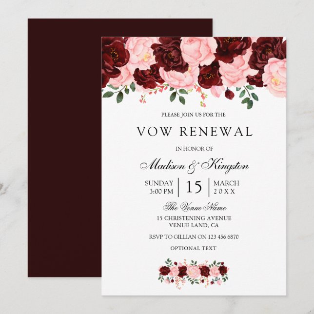 Burgundy Red Blush Blume Vow Renewal Einladung (Vorne/Hinten)