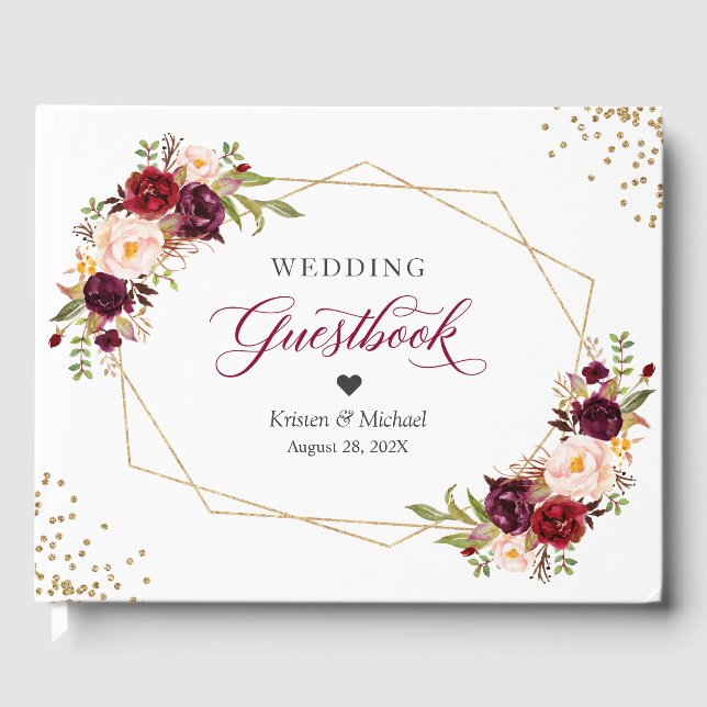 Burgundy Red Blush Floral Gold Geometric Wedding Gästebuch (Vorderseite)