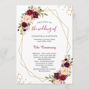 Burgundy Red Blush Floral Gold Geometric Wedding Programm