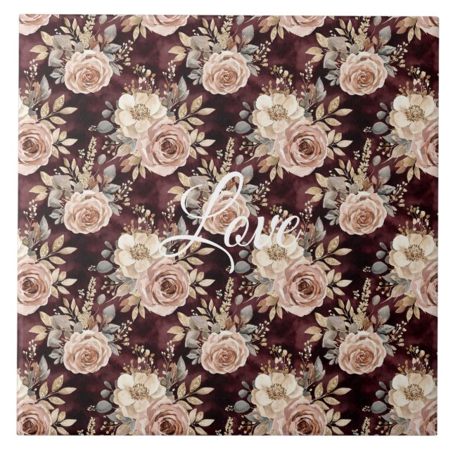 Burgundy Red Blush Floral Wedding Fliese (Vorderseite)