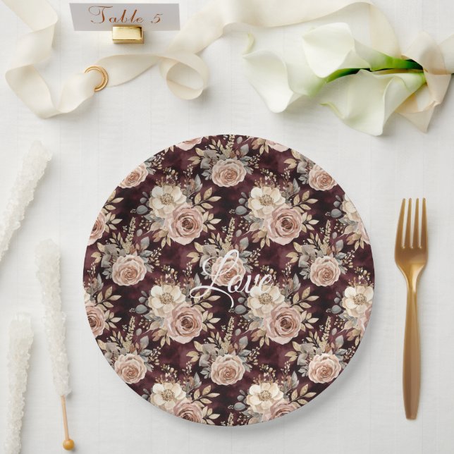 Burgundy Red Blush Floral Wedding Pappteller (Hochzeit)