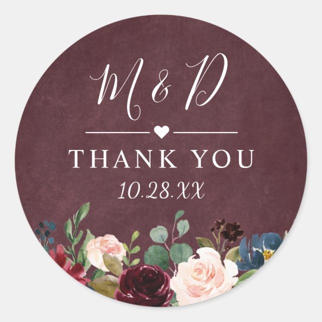 Burgundy Red Blush Floral Wedding Vielen Dank Runder Aufkleber (Vorderseite)