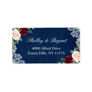 Burgundy Red Blush Floral White Lace Navy Blue Adressaufkleber