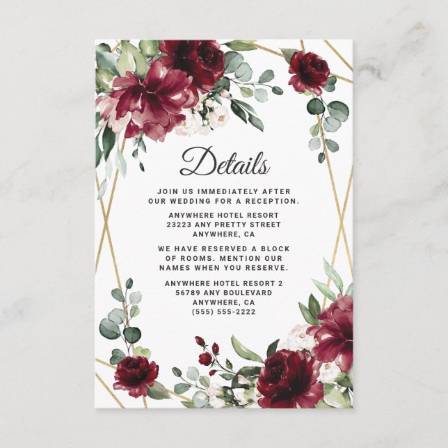Burgundy Red Blush Gold Geometric Greenerity Weddi Begleitkarte (Vorderseite)