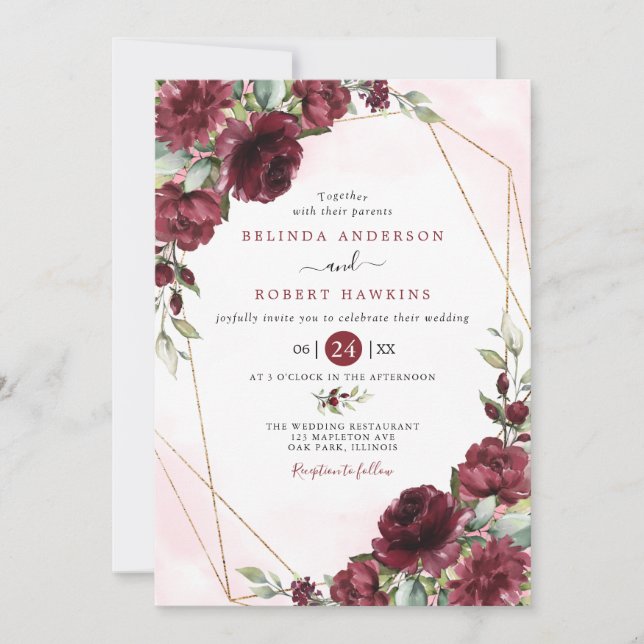 Burgundy Red Blush Gold Geometric Greenerity Weddi Einladung (Vorderseite)