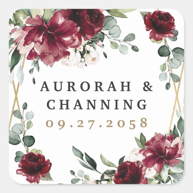 Burgundy Red Blush Gold Geometric Greenerity Weddi Quadratischer Aufkleber (Vorderseite)