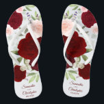 Burgundy Red & Blush Pink Boho Rose Hochzeit Flip Flops<br><div class="desc">Tanzen Sie die Nacht mit diesen schönen Hochzeitsflip-Flops. Das rustikale, schicke Design mit handgemalten Aquarellfarben in Bordeaux-, Rot- und Rosatönen, Eukalyptus-Blätter und Gartengrün. Es gibt Platz für die Namen des Paares und das Hochzeitsdatum unten. Ein wunderbarer Weg, um Ihren Gästen zu danken, während sie von einem langen Tag stehend gerettet....</div>