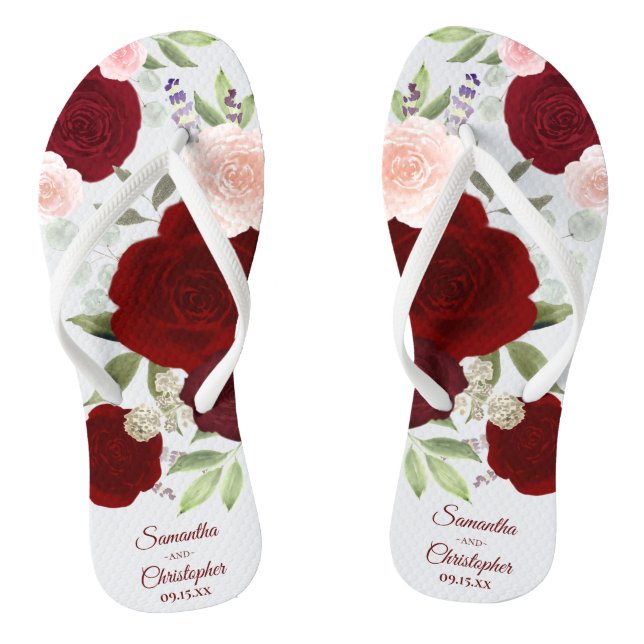 Burgundy Red & Blush Pink Boho Rose Hochzeit Flip Flops (Fußbett)