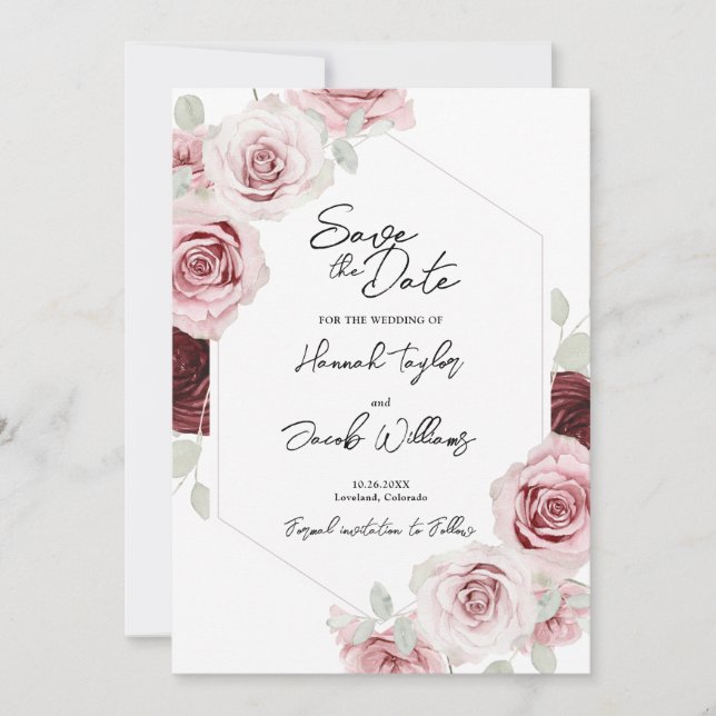 Burgundy Red Blush Pink Floral Wedding Save The Date (Vorderseite)