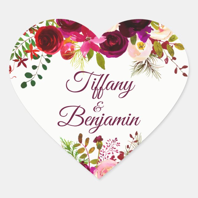 Burgundy Red Boho Floral Engagement Party Hochzeit Herz-Aufkleber (Vorderseite)
