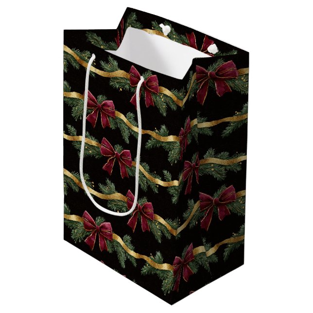 Burgundy Red Bows Gold Ribbons Christmas Mittlere Geschenktüte (Vorderseite Schrägansicht)