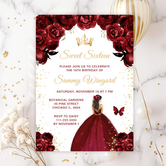 Burgundy Red Brünett Hair Princess 16 . Geburtstag Einladung (Von Creator hochgeladen)
