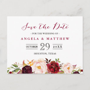 Burgundy Red Chic Bloral Wedding Save the Date Ankündigungspostkarte
