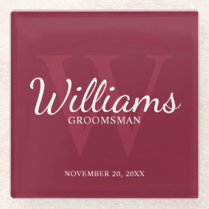 Burgundy Red Classic Script Personalisierte Trauze Glasuntersetzer