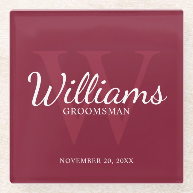 Burgundy Red Classic Script Personalisierte Trauze Glasuntersetzer (Vorderseite)