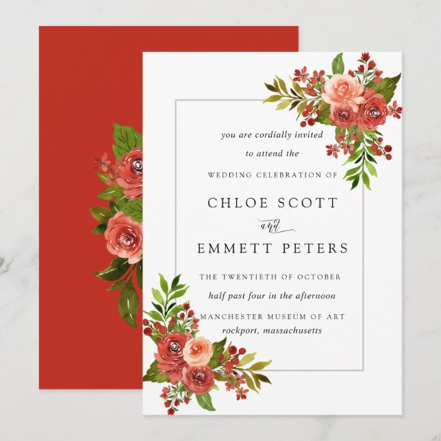 Burgundy Red Coral Pink Rose Wedding Einladung (Vorne/Hinten)
