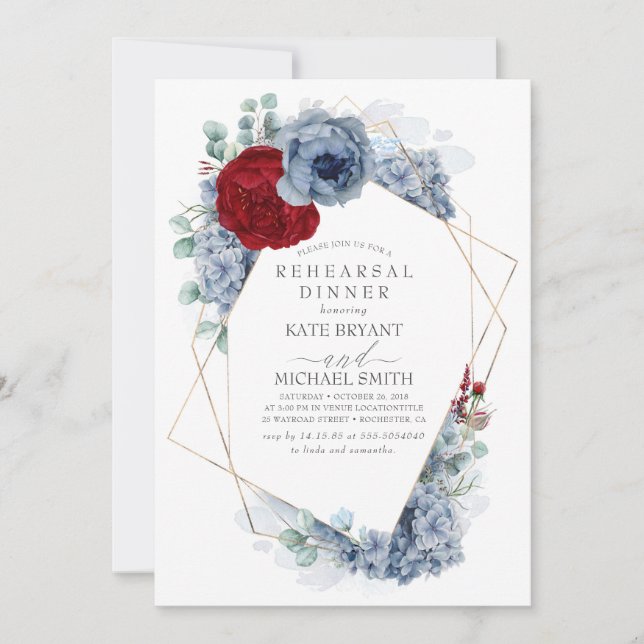 Burgundy Red Dusty Blue Floral Probe Dinner Einladung (Vorderseite)