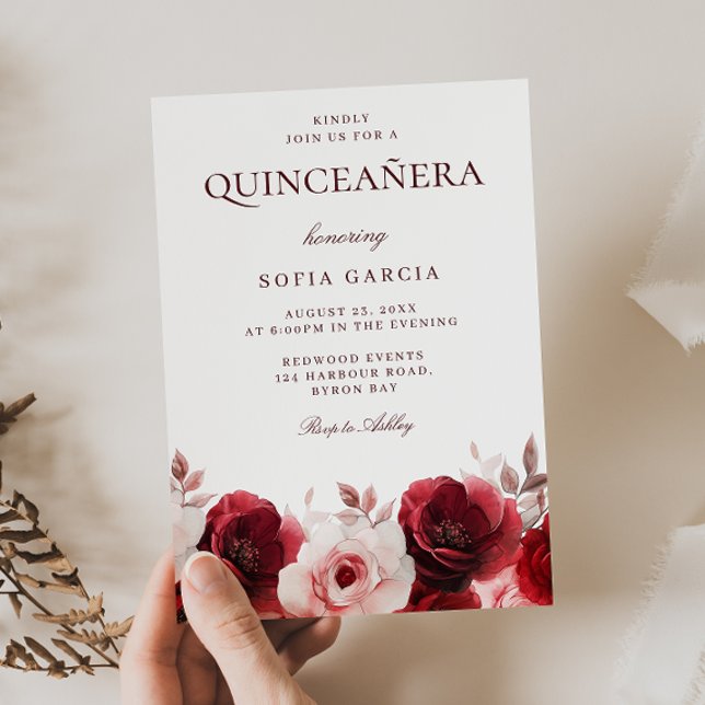 Burgundy Red Elegance Rote Rose Quinceanera Einladung (Von Creator hochgeladen)