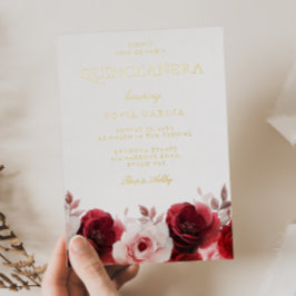 Burgundy Red Elegance Rote Rose Quinceanera Gold Folieneinladung