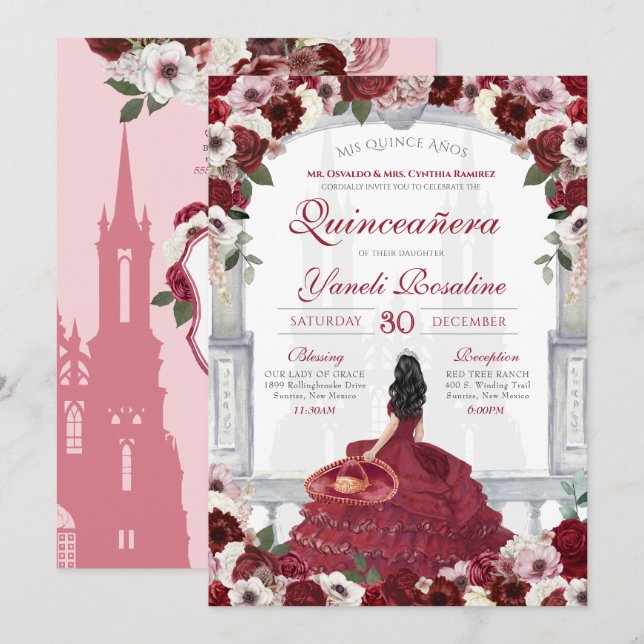 Burgundy Red Elegant Charro Princess Quinceanera Einladung (Vorne/Hinten)